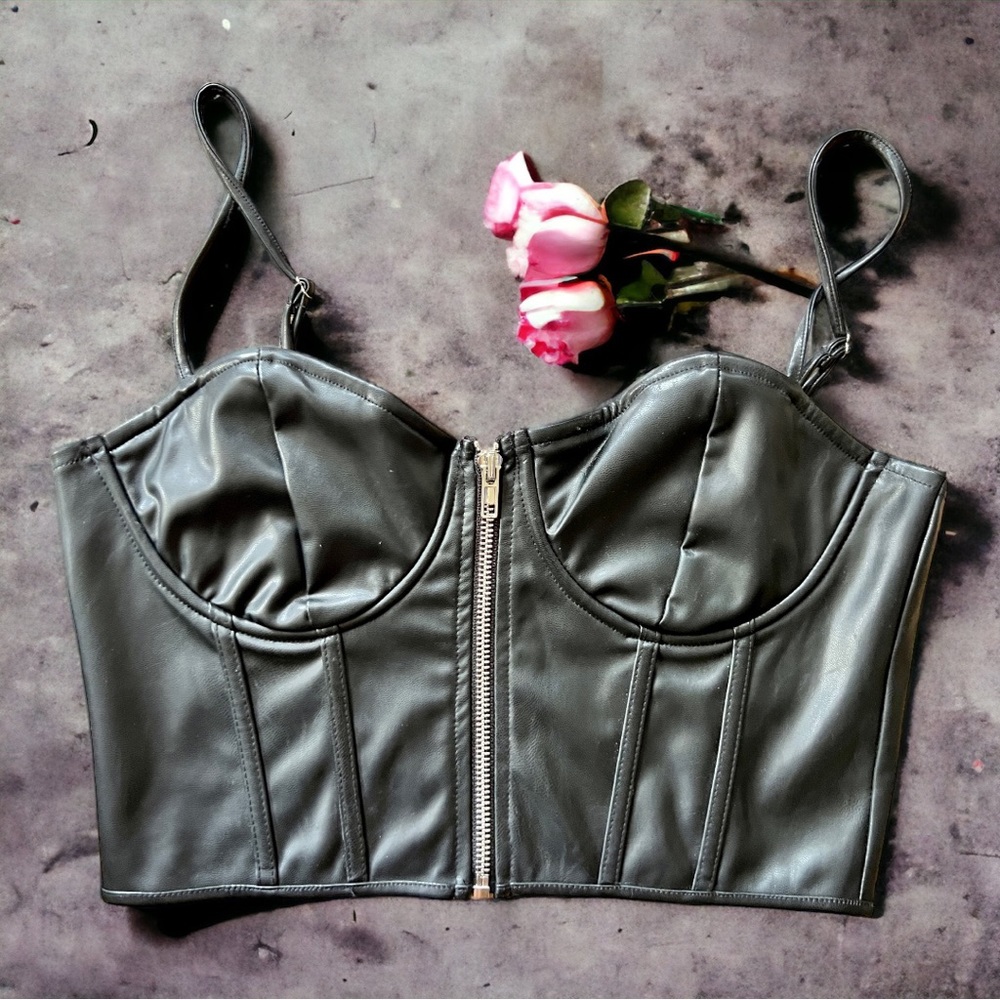 Women’s black faux leather bustier crop top. Size medium.